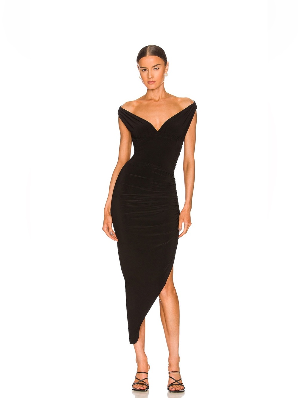 Norma Kamali Black Tara side drape gown
Off-Shoulder Asymmetrical Midi Dress